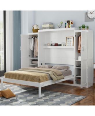 Queen Size Murphy Bed with 2 Wardrobes & Storage Shelf, White