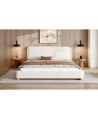 King Size Boucle Upholstered Curved Headboard Bed Frame, White