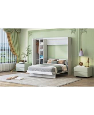  Queen Size Murphy Bed Wall Bed with Shelves, Wardrobe and LED