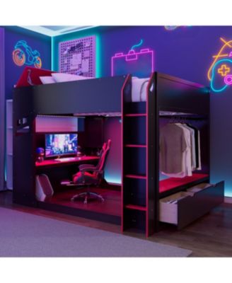 Full Size Wood Loft Bed with Adjustable Desk, Drawers, Storage, RGB Lights,