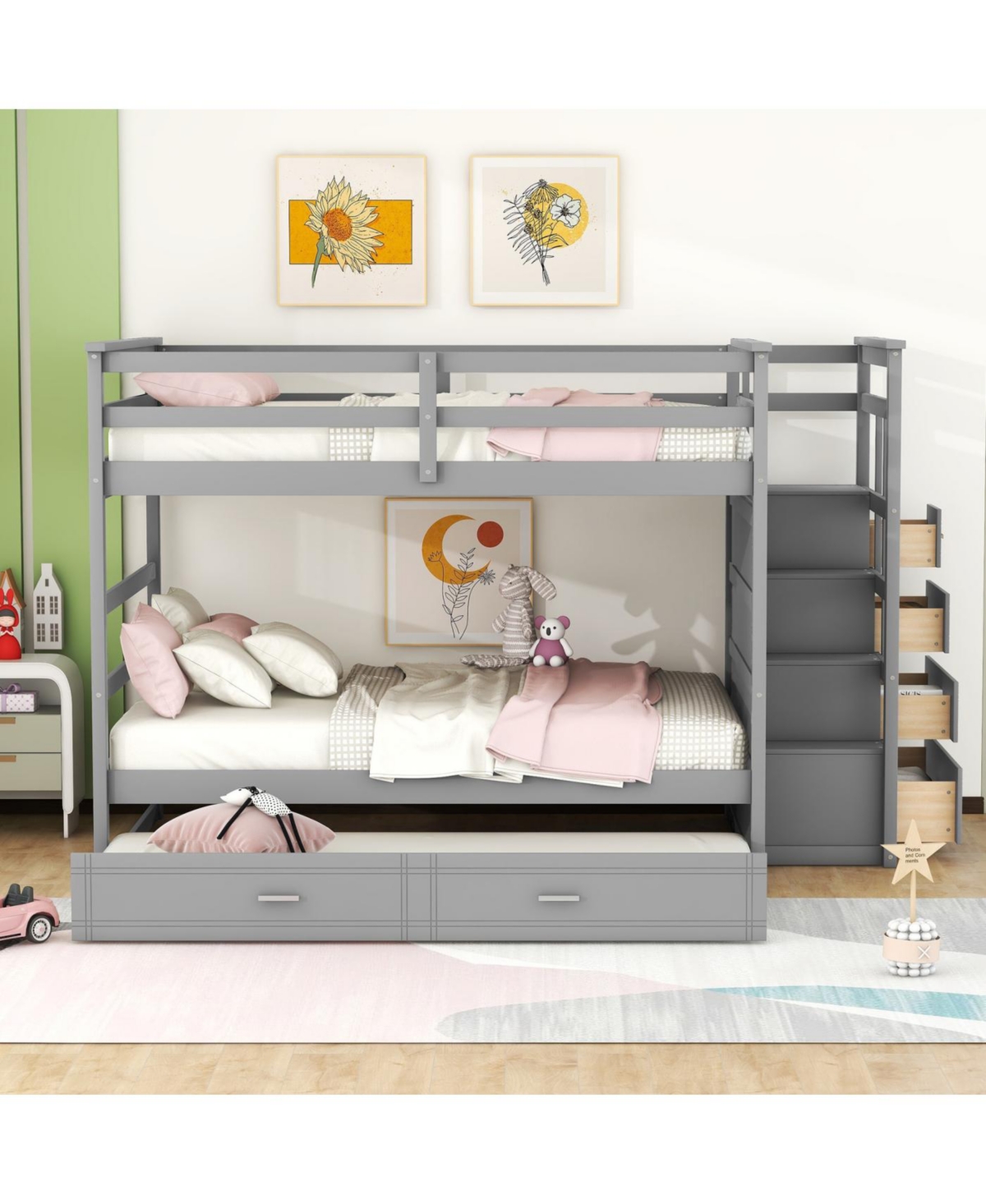 Streamdale Furniture Full Over Bunk Bed w/ Twin Trundle & Stairs, Gray
