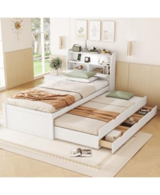 Streamdale Twin Wooden LED Platform Bed with Trundle, Storage Headboard & Drawers, White