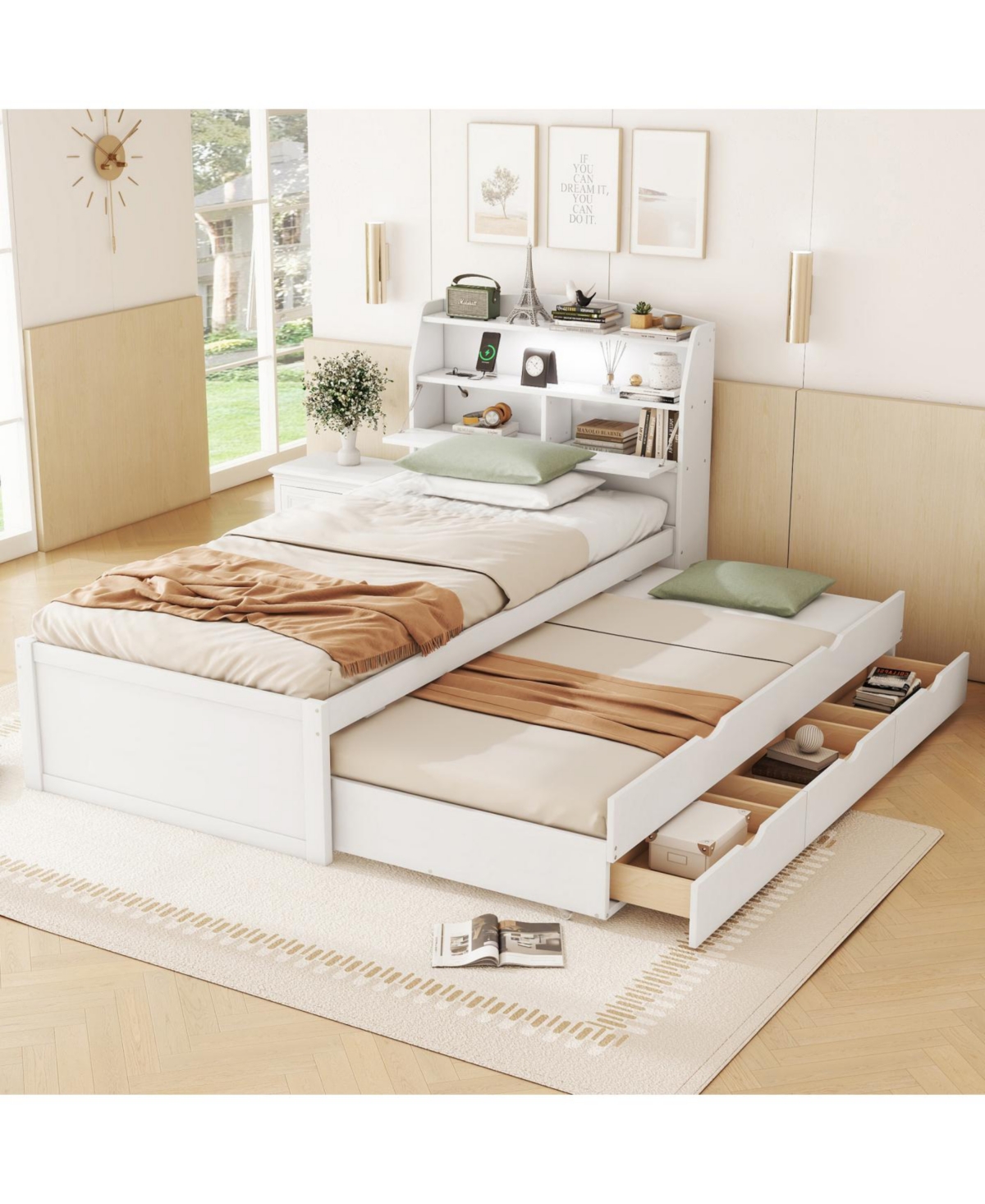 Streamdale Twin Wooden Led Platform Bed with Trundle, Storage Headboard & Drawers, White