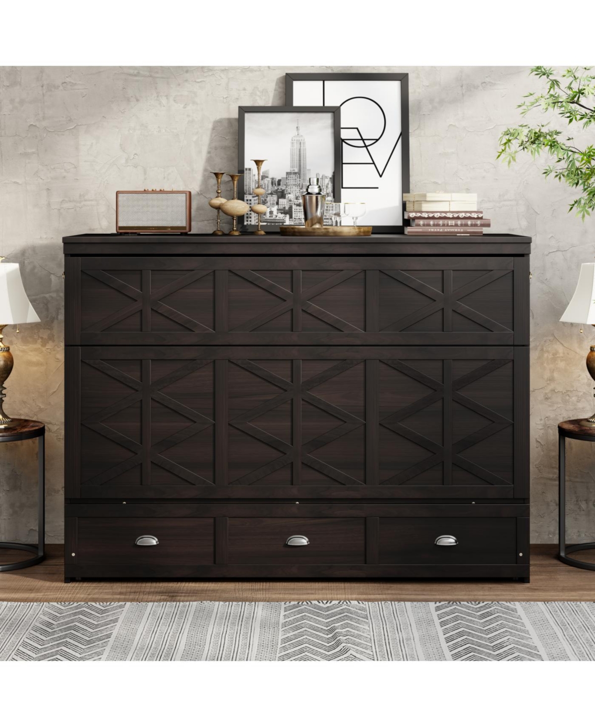 Streamdale Furniture Queen Murphy Bed with Large Drawers and Usb, Brushed Gray