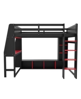 Streamdale Wood Gaming Loft Bed w/ Desk, Shelves, LED, Rack, Black