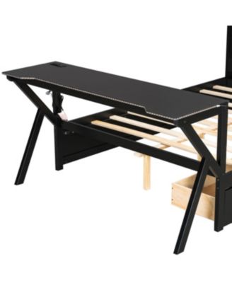 Full Size Wooden Gaming Bed with LED Headboard, Desk, USB & Storage, Black