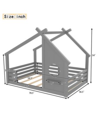  Full House Floor Bed with Window & Shelf, Solid Wood, Grey