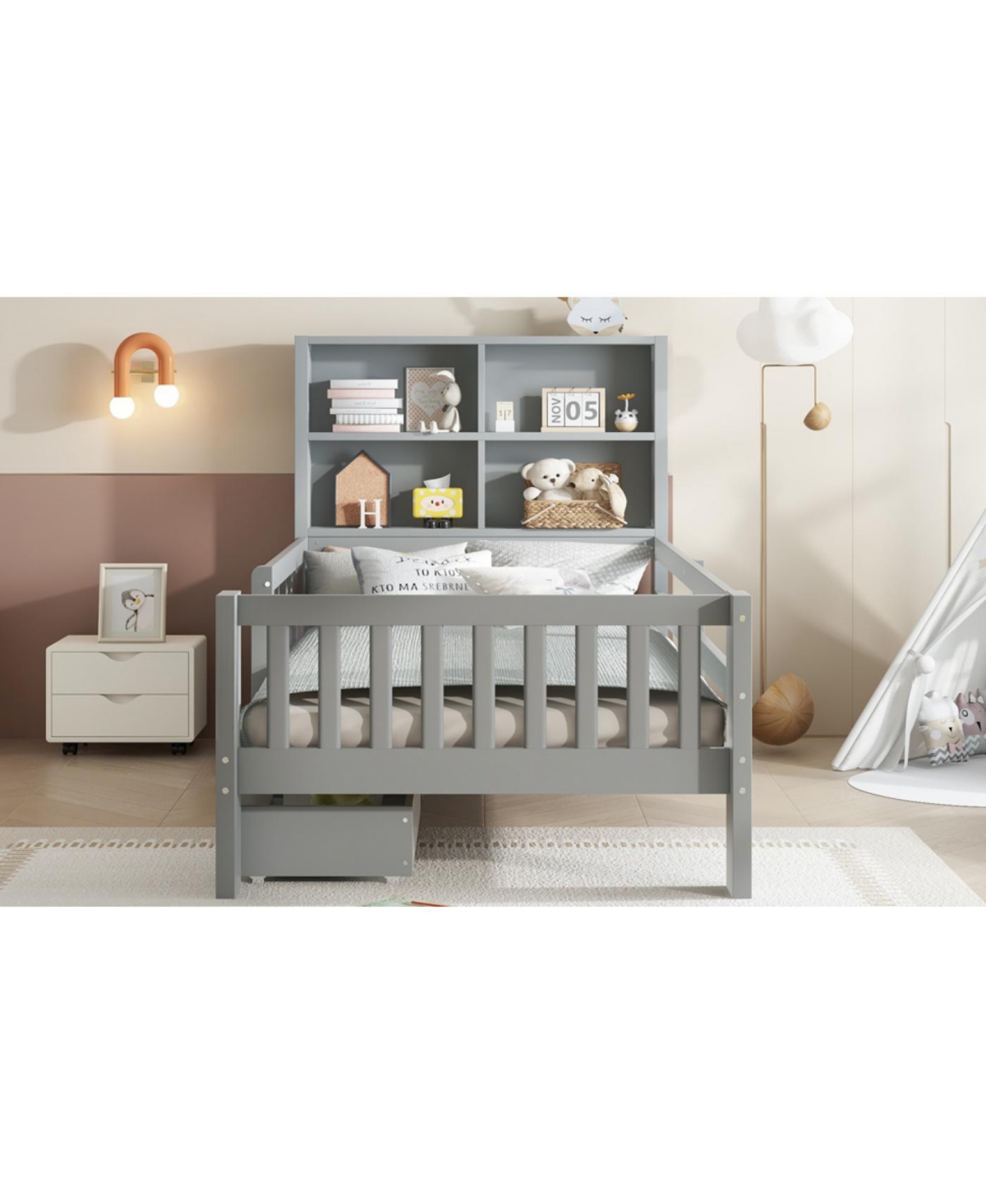 Streamdale Furniture Streamdale Twin Platform Bed with Chalkboard, Storage Drawers & Shelves, Gray