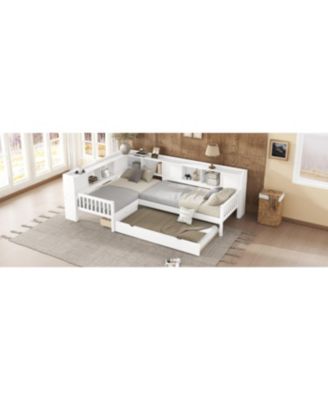 L-shaped Twin Platform Bed with Trundle, Storage Drawers & Shelves, White