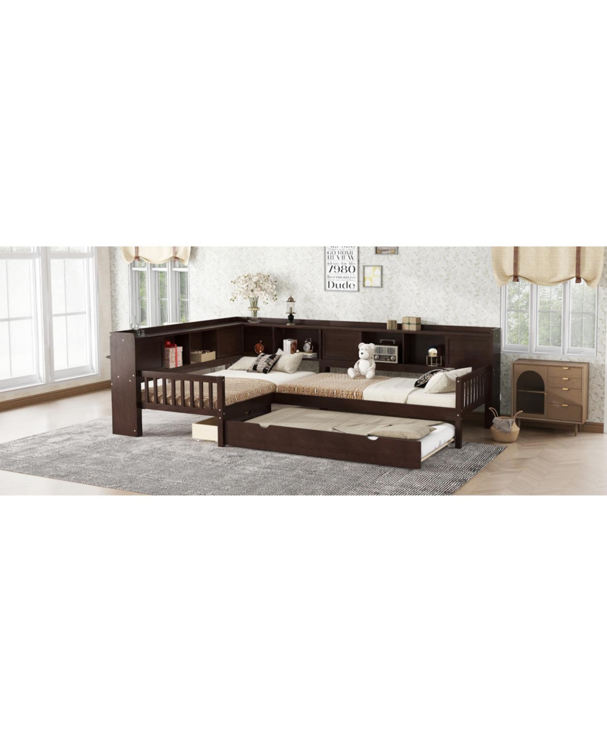 Streamdale Furniture L-shaped Twin Platform Bed w/ Trundle, Storage Drawers & Shelves, Espresso