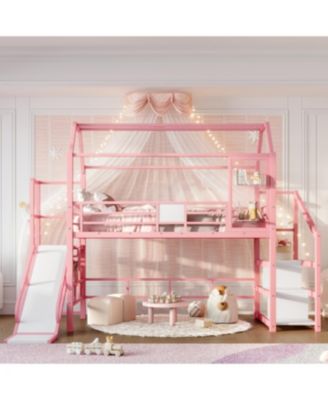 Twin Loft Bed with Slide, Stairs, Storage Shelves & Roof - Pink