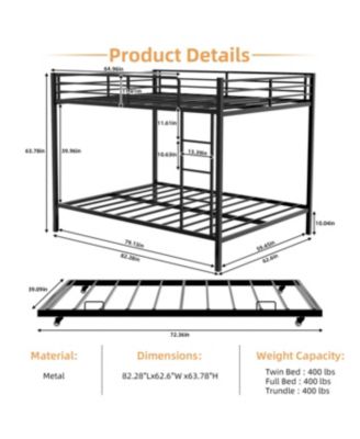 Durable Square Tube Iron Bunk Bed with Safety Rails - Queen Size