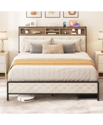 Queen Size Upholstered Platform Bed Frame with Charging Station - Beige