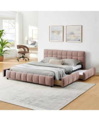 Queen Size Chenille Upholstered Bed with Storage Drawer