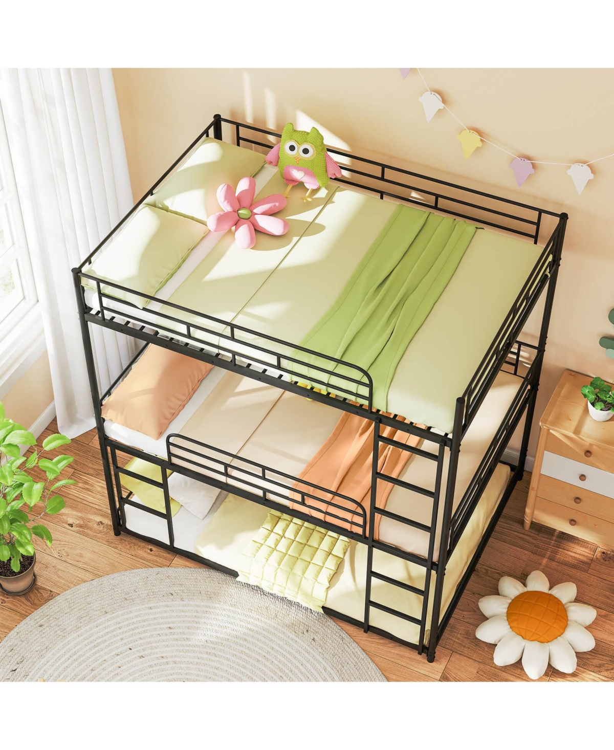 Costway Full Over Full Over Full Metal Bed Frame Heavy-Duty Triple Bunk Bed w/Dual Ladders