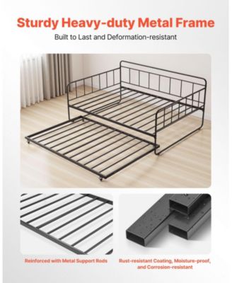 Metal Day Bed Frame with Trundle and Sturdy Slats for Bedroom