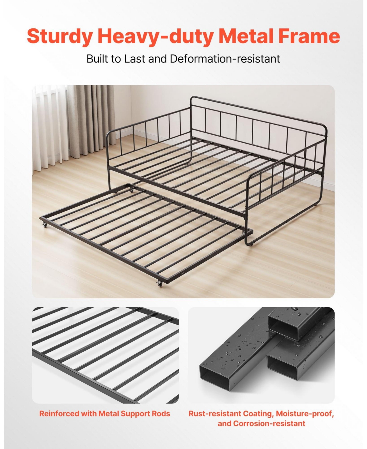 Slickblue Metal Day Bed Frame with Trundle and Sturdy Slats for Bedroom