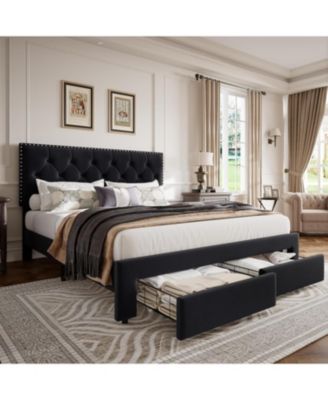 King Size Bed Frame with 2 Storage Drawers, Vintage Velvet Upholstered, Button Tufted Wingback Headboard, Black