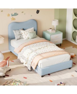Twin Size Blue Boucle Kids Bed Frame with Upholstered Headboard, Low Profile, Heavy Duty Wooden Slats, No Box Spring Needed