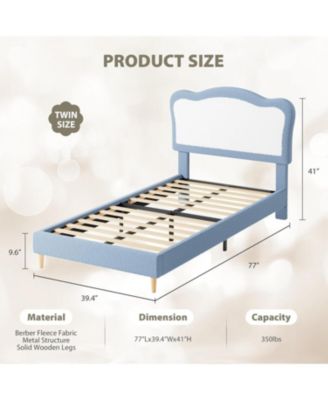 Twin Size Kids Upholstered Bed Frame with Scallop Velvet Headboard, Sturdy Slats, Noise-Free, Blue & White