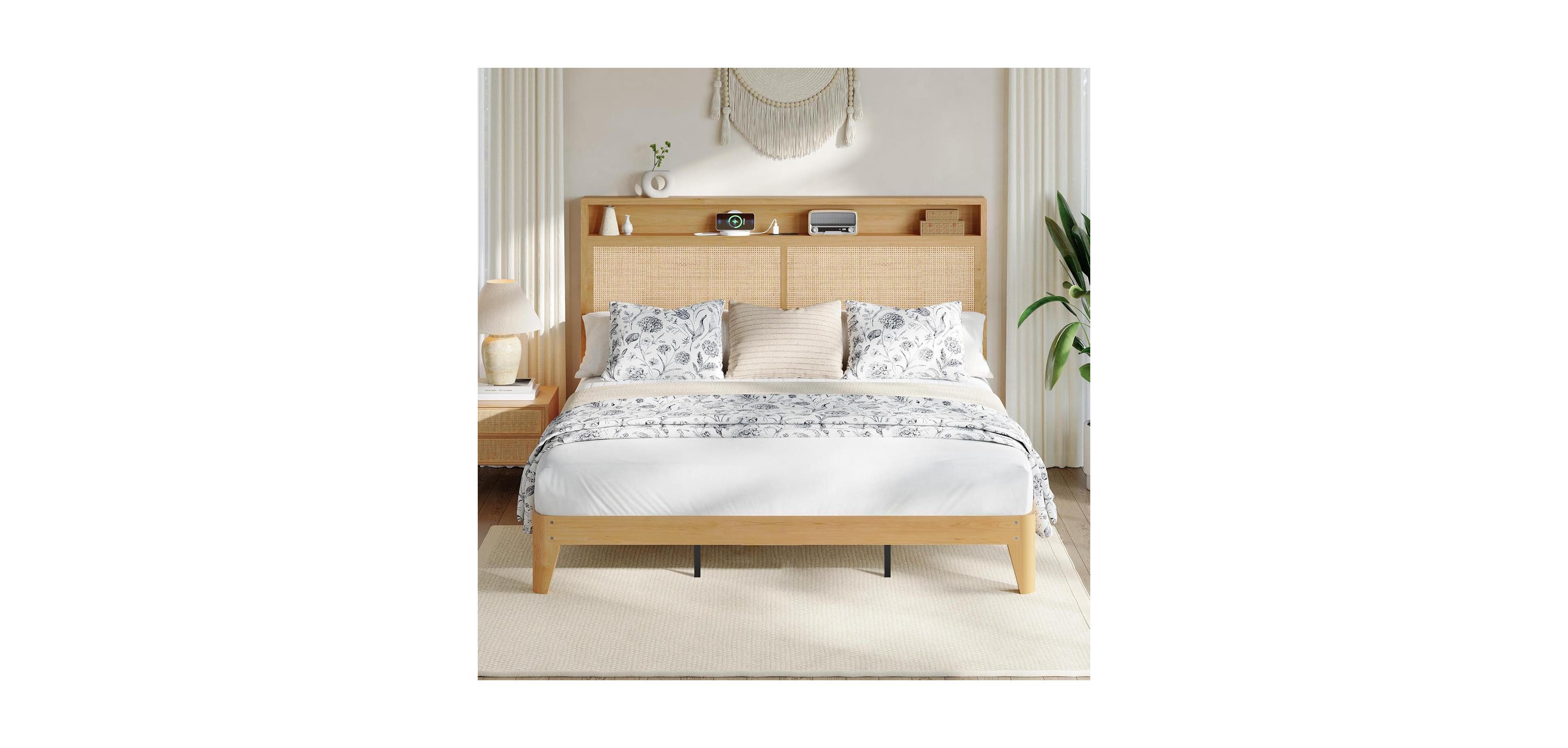 gaomon King Size Led Lights, Storage Headboard, Charging Station, Silent Wood Slats, No Box Spring Boho Rattan Bed Frame