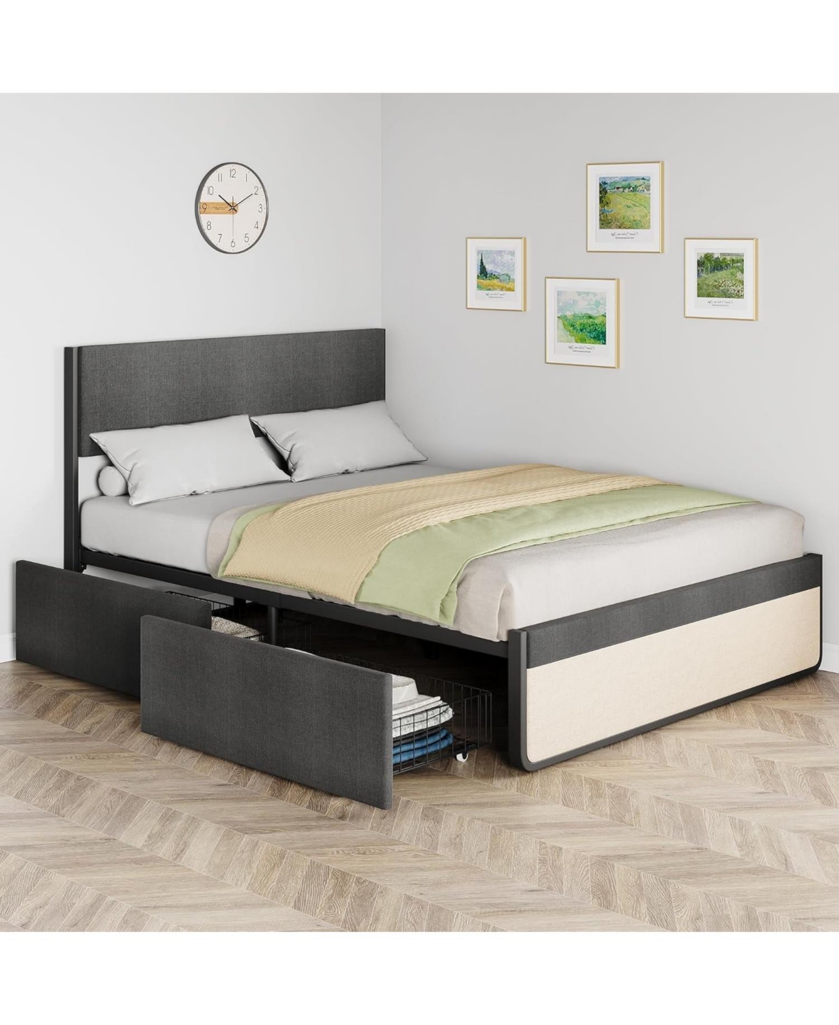 gaomon Full Upholstered Bed Frame with Headboard 2 Storage Drawers Metal Slats No Box Spring Noise Free