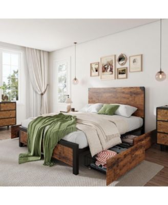 Full Size Metal Platform with Storage Drawers and Wooden Headboard, No Box Spring Bed Frame