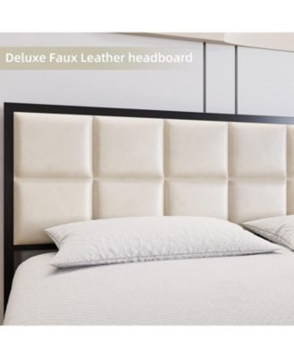 Faux Leather Platform Metal Frame Steel Slats Bed Frame with Upholstered Headboard, King Size