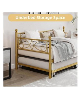 Twin Daybed with Trundle Metal Sofa Bed Heavy Duty Slats Space Saving Guest Room Gold