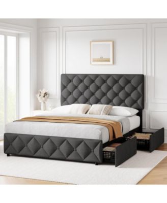 Full Size Bed Frame 4 Storage Drawers Adjustable Upholstered Headboard Platform Bed Button Tufted Gray