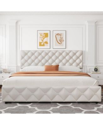 King Size Platform Bed Frame Adjustable Headboard 4 Drawers Modern Grey Upholstered with Footboard Wood Slats