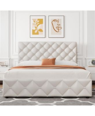 Full Size Upholstered Platform Bed Frame with 4 Storage Drawers and Adjustable Faux Leather Button-Tufted Headboard