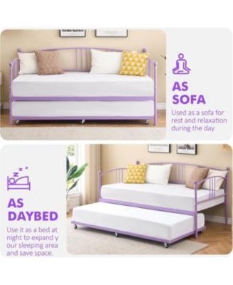 Twin Daybed with Trundle Metal Frame Pullout Trundle 6 Casters Steel Slats Living Room Bedroom Guest Room No Box Spring Purple