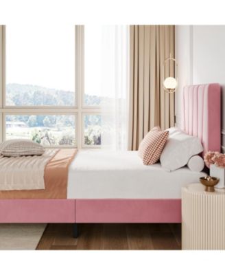 Twin Bed Frame with Adjustable Linen Upholstered Headboard Strong Wooden Slats No Box Spring Needed Easy Assembly