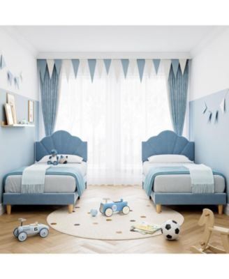 Twin XL Bed Frame Velvet Upholstered Adjustable Headboard for Boys Girls Wooden Slats No Box Spring Needed Light Blue