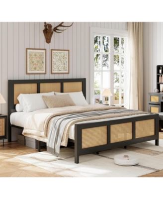 Queen Size Rattan Platform Bed Frame with Headboard, Boho Design, Strong Metal Slat Support, Noise-Free, No Box Spring Needed