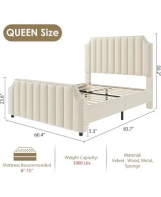 Queen Size Platform Bed Frame 50.2in Channel Tufted Headboard and Footboard Nailhead Trim No Box Spring Cream