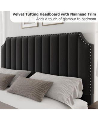 Queen Size 50" Headboard, Velvet Channel Tufted Footboard, Nailhead Trim, No Box Spring, Black Platform Bed Frame