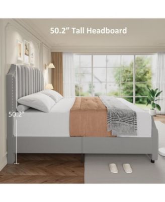 Queen Size Velvet Bed Frame 50.2in Headboard Footboard Upholstered Platform Nailhead Trim No Box Spring Noise Free