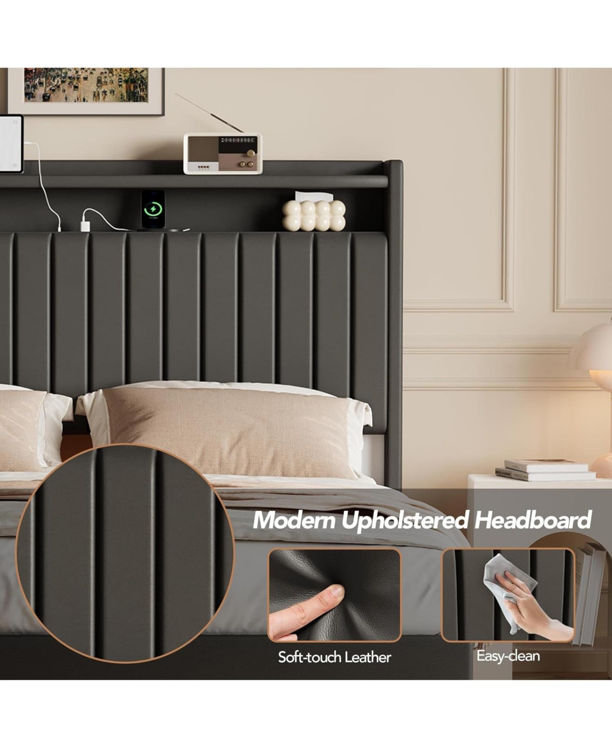 gaomon Full Size Floating Bed Frame Rgb Led Lights Charging Station Storage Headboard 50in Headboard Upholstered Platform Black