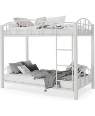 Twin Over Twin Metal Bunk Bed, Heavy Duty Frame with Ladder & Guardrail, Space-Saving, No Box Spring, White