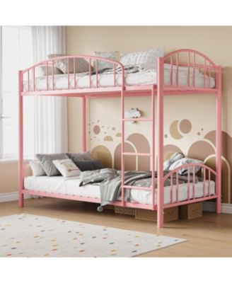 Metal Bunk Bed Twin Over Twin Heavy Duty Bunkbeds Arched Guardrail Safety Ladder Space-Saving Modern Pink