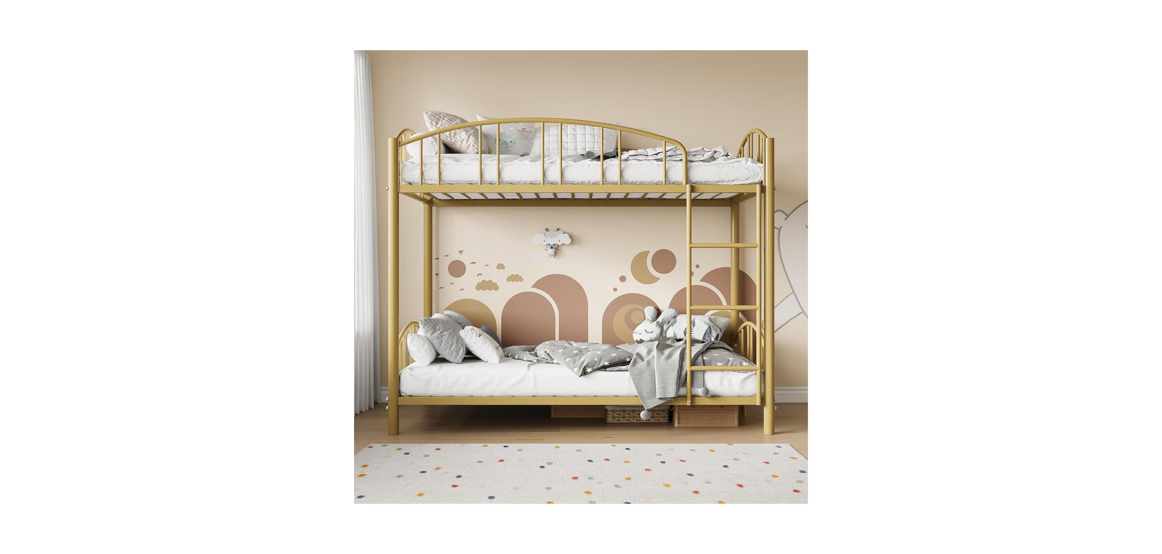 gaomon Metal Bunk Bed Twin Over Twin Heavy Duty Bunkbeds Arched Guardrail Safety Ladder Space-Saving Modern Gold