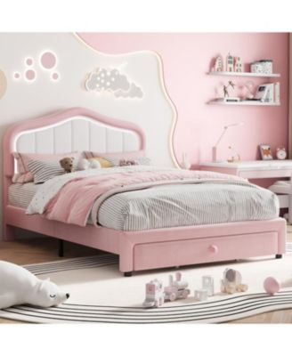 Twin XL Upholstered Bed Frame with LED Lights Storage Drawer Velvet Bed Headboard for Kids Girls Boys No Box Spring Pink