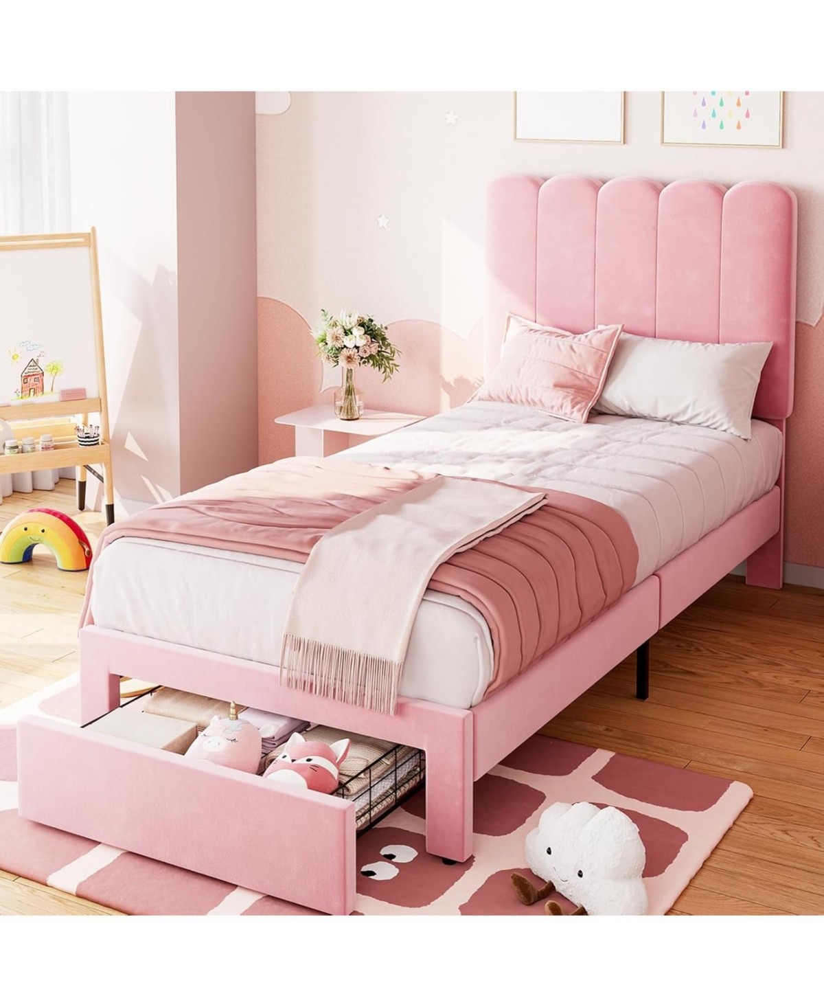 gaomon Twin Size Velvet Upholstered Bed Frame with Headboard and Storage Drawer Pink