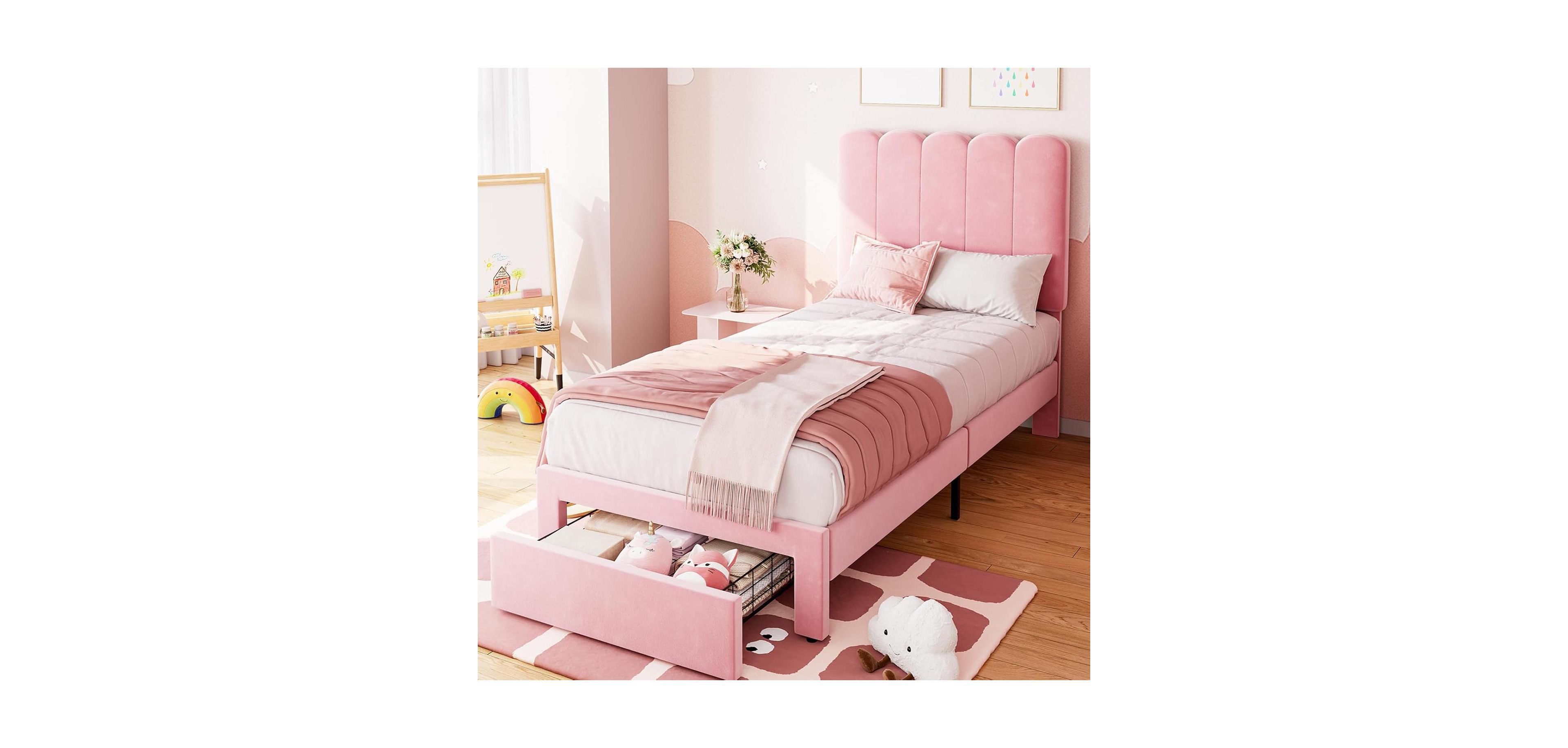 gaomon Twin Size Velvet Upholstered Bed Frame with Headboard and Storage Drawer Pink