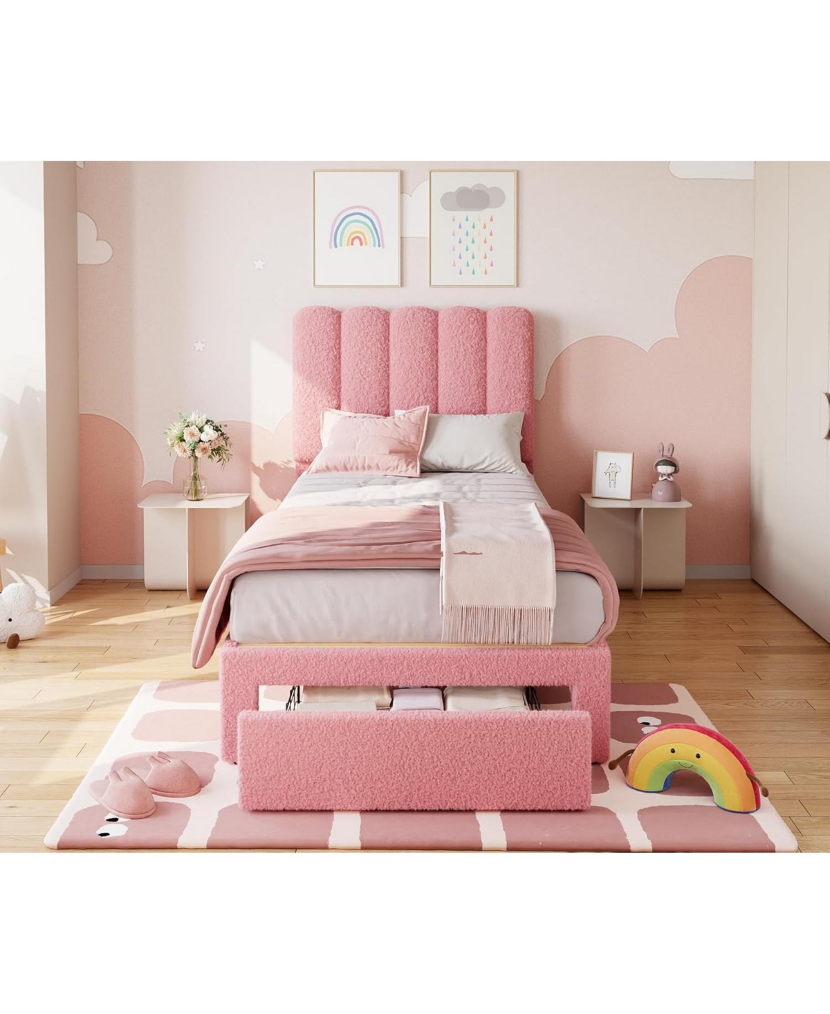 Gaomon | Twin Size | Boucle Upholstered | Storage Drawer Headboard, Noise-Free | Platform Bed Frame with Wood Slats