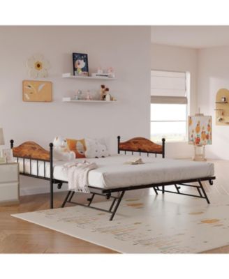 Twin Size Metal Daybed with Trundle Foldable Trundle Sofa Bed Stylish Headboard for Living Room, Bedroom, Guest Room Brown