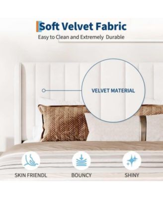 Full Size White Velvet Platform Bed Frame Channel Tufted Wingback Headboard Upholstered Wood Slats No Box Spring