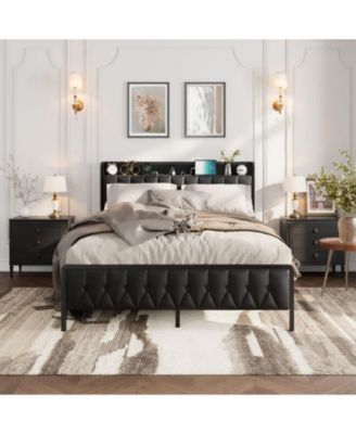 Full Size Black Faux Leather Upholstered Platform Bed Frame with Storage Headboard Charging Station USB Ports Outlets